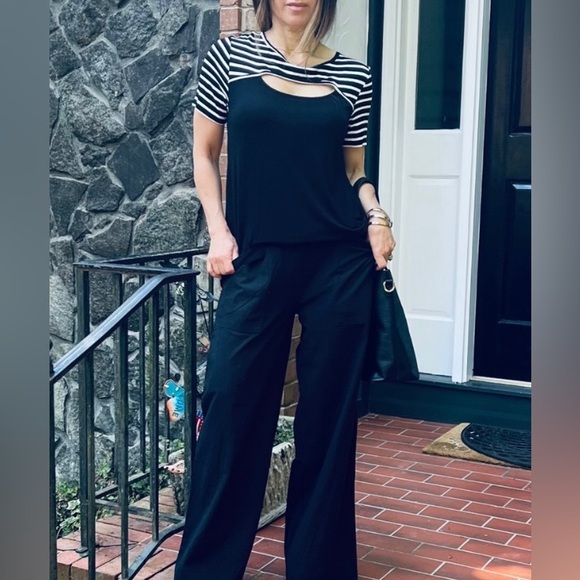 NWOT Black Palazzo Pants 100% Cotton Linen-feel Front Patch Pockets L - Picture 5 of 7